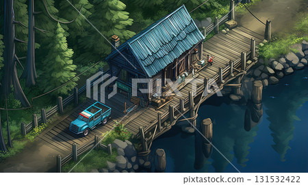 Summer landscape with camping and travel scene. Car in the forest with wooden buildings. Generated AI. Summer landscape with camping and travel scene. Car in the forest with wooden buildings. Generated AI. 131532422