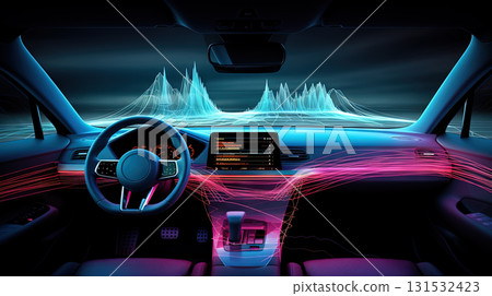Futuristic car dashboard with graphs and bars for measurement and tuning of self-driving vehicle. Generated AI 131532423