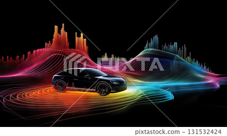 Self-driving auto technology concept with car surrounded with radar waves. Generated AI. 131532424