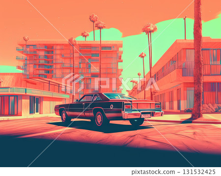 Retro car is parked in front of a large building. Red toned illustration of summer hot scene with car. Generated AI 131532425