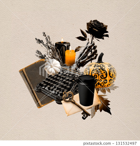 Vintage Halloween Collage aesthetic with pumpkins, skeleton, and gothic elements 131532497