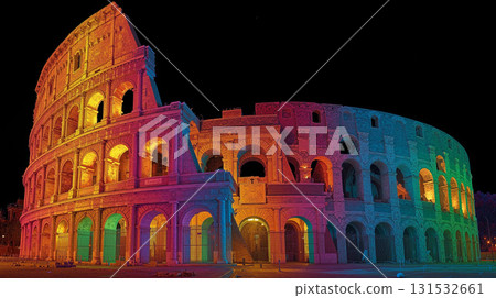 Colosseum in Rome shining brightly with colorful lights at night 131532661