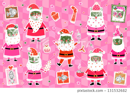 Funny groovy Santa Claus vector cats illustration halftone collage, Christmas graphic design 131532682