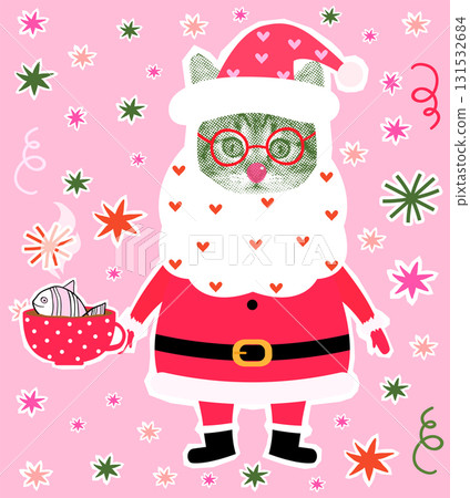 Funny Santa Claus vector cat collage with cute kitty with beard with hearts and Santa hat, Christmas illustration collage greeting card, banner 131532684
