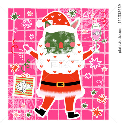 Funny vector cat with beard in Santa Claus costume holding a glass of champagne with fish , Funny kitty greeting card, poster, or banner Funny vector cat with beard in Santa Claus costume holding a glass of champagne with fish , Funny kitty greeting card, poster, or banner 131532689