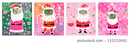 Cute and funny vector illustration set with Santa Claus cat designs, Christmas collage kitty greeting cards, halftone posters 131532691