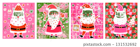 Cute vector illustration set with Santa Claus Kitty designs, Christmas collage greeting cards, halftone posters 131532692