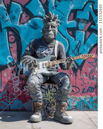 Ancient statue adorned with a rock band shirt in a vibrant urban setting 131532693