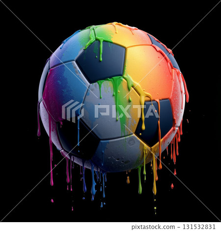 Colorful soccer ball with paint dripping in vibrant colors against a black background 131532831
