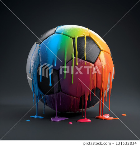Creative soccer ball with colorful paint dripping against a dark background showcasing artistic expression and sports culture Creative soccer ball with colorful paint dripping against a dark background showcasing artistic expression and sports culture 131532834