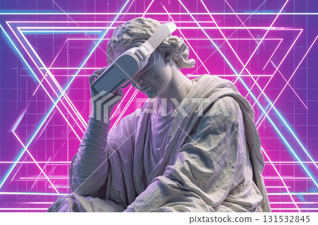 Marble statue with virtual reality glasses against a futuristic neon background 131532845