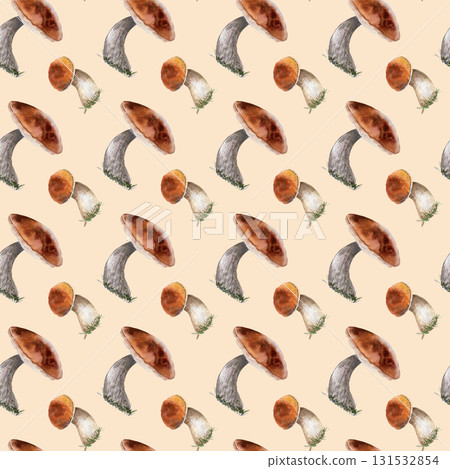 Mushrooms watercolor seamless pattern isolated. Edible woodland mushrooms porcini, bolete, and aspen cep hand drawn. Autumn repeat season designs, fabric prints, holiday gift wraps, nature labels. 131532854