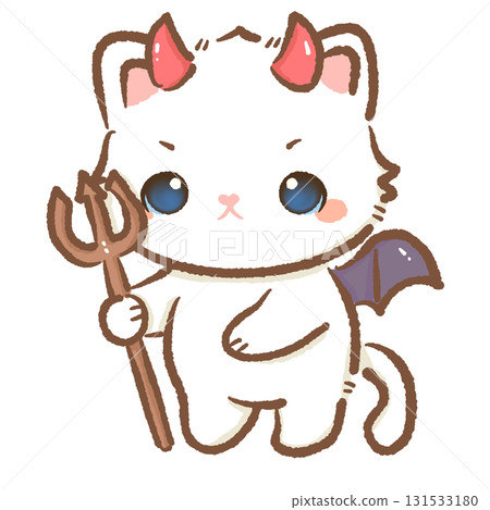 Kawaii white cat devil character cute chibi kitten with red horns bat wings tail holding trident cartoon Halloween illustration for stickers cards and crafts 131533180