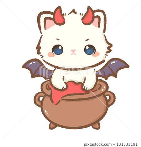 Kawaii white cat devil character cute chibi kitten with red horns bat wings and tail sitting inside magic cauldron Halloween cartoon illustration for stickers cards and crafts Kawaii white cat devil character cute chibi kitten with red horns bat wings and tail sitting inside magic cauldron Halloween cartoon illustration for stickers cards and crafts 131533181