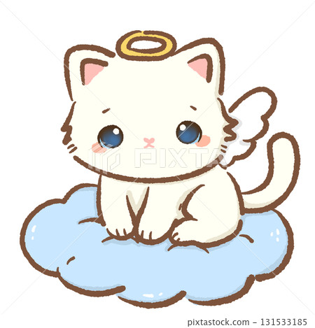 Kawaii white cat angel character cute chibi kitten with golden halo wings sitting on fluffy blue cloud cartoon illustration for Valentines wedding stickers greeting cards and crafts 131533185