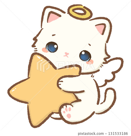 Kawaii white cat angel character cute chibi kitten with golden halo wings hugging big yellow star cartoon illustration for Valentines wedding stickers greeting cards and crafts 131533186