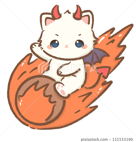 Kawaii white cat devil character cute chibi kitten with red horns bat wings and tail riding a fiery comet Halloween cartoon illustration for stickers greeting cards and crafts Kawaii white cat devil character cute chibi kitten with red horns bat wings and tail riding a fiery comet Halloween cartoon illustration for stickers greeting cards and crafts 131533190