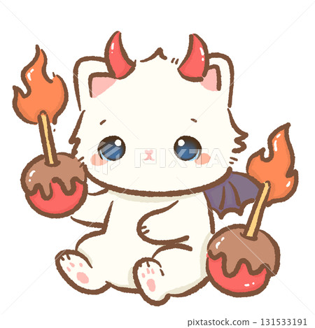 Kawaii white cat devil character cute chibi kitten with red horns bat wings and flaming caramel apples Halloween cartoon illustration for stickers cards and crafts 131533191