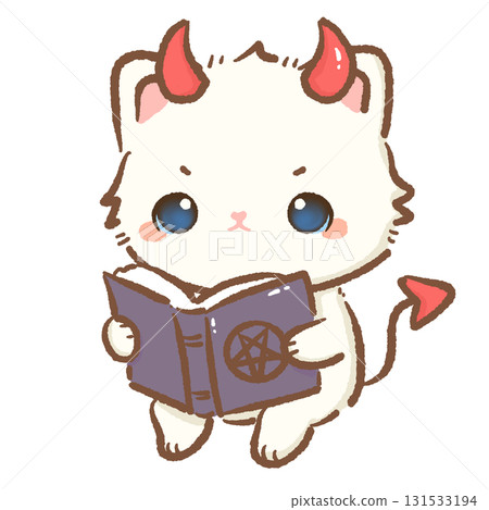Kawaii white cat devil character cute chibi kitten with red horns tail and spell book cartoon Halloween illustration for stickers greeting cards invitations and crafts 131533194