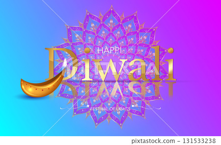 Happy Diwali gold text, Festival of Lights India Celebration colorful template. Graphic banner design of Indian Diya Oil Lamp, mandala rangoli design. Vector festive background Happy Diwali gold text, Festival of Lights India Celebration colorful template. Graphic banner design of Indian Diya Oil Lamp, mandala rangoli design. Vector festive background 131533238