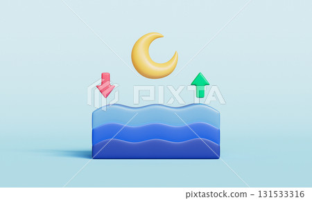 Tidal Forces Moon Influence on Ocean Waves with Arrow. 3D Rendering. 131533316
