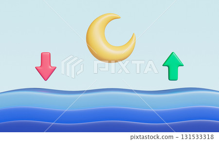 Tidal Forces Moon Influence on Ocean Waves with Arrow. 3D Rendering. 131533318