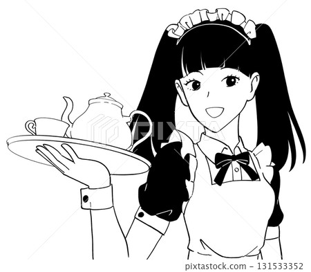在女僕咖啡廳工作的黑髮雙馬尾女孩的插圖 131533352