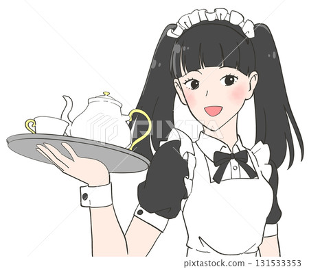 Illustration of a girl with black hair and twin tails working at a maid cafe 131533353