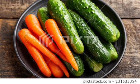 Fresh cucumbers and carrots arranged on a dark plate for a healthy meal 131533354