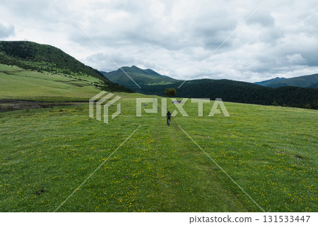 Aerial view of woman riding mountain bike on flowering grassland mountain trail Aerial view of woman riding mountain bike on flowering grassland mountain trail 131533447