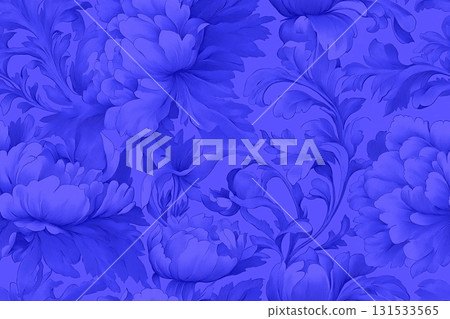 Vibrant royal blue seamless floral carved pattern: gorgeous baroque floral background 131533565