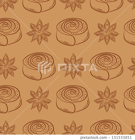 Cinnamon bun pastry with star anise seamless pattern in line art style. Perfect for bakery wallpaper, breakfast cafe menu design, and sweet pastry store. 131533851