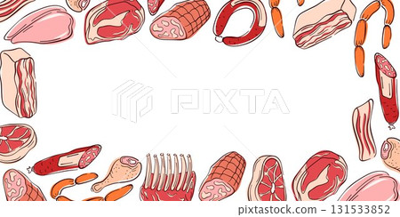 Border frame with different meat cuts in flat style. Perfect for butcher shop design, restaurant menu, culinary book or background in food related illustration. 131533852