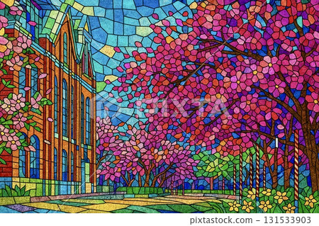 Osaka Mint: Cherry Blossoms in Full Bloom, Cherry Blossom Passage, Stained Glass Style 131533903