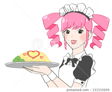 Illustration of a maid cafe girl serving omelet rice 131533939