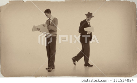 Retro men in suits reading newspapers with serious expression vintage look 131534084
