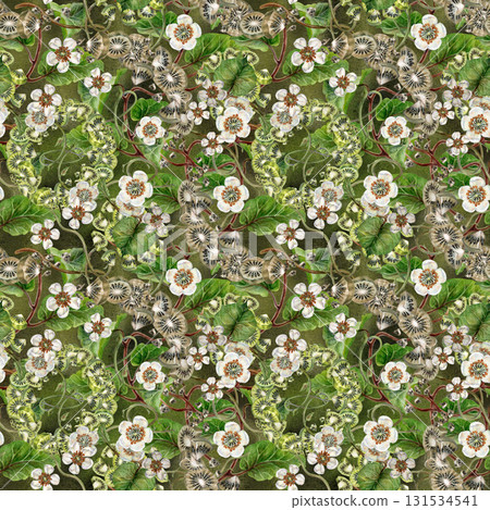 White blooming flowers, green kiwi leaves on a seamless pattern on a green gradient background. Spring botanical template for home, children's, kitchen textiles, wrapping, wallpapers, food design White blooming flowers, green kiwi leaves on a seamless pattern on a green gradient background. Spring botanical template for home, children's, kitchen textiles, wrapping, wallpapers, food design 131534541