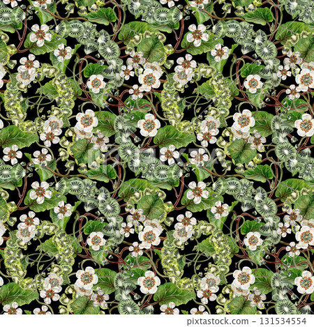 White blooming flowers, green kiwi leaves on a seamless pattern on a black background. Spring botanical template for home, children's, kitchen textiles, wrapping, wallpapers, for drinks, food design 131534554