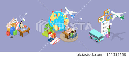3D Isometric Flat Vector Illustration of Itinerary Planning, Set Of Travel Planners. 131534568