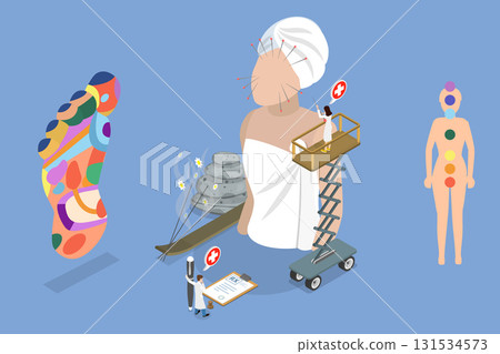 3D Isometric Flat Vector Illustration of Acupuncture, Traditional Chinese Medicine, A Holistic Approach To Healing Mind, Body, And Spirit. 131534573