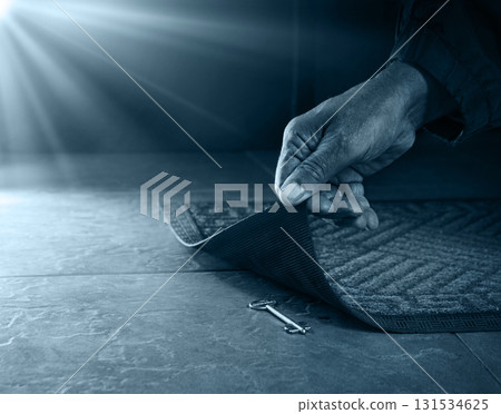 A person getting a key from under their mat A person getting a key from under their mat 131534625
