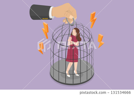 3D Isometric Flat Vector Illustration of Girl In Birdcage, Man Dominates Relationship By Locking Unhappy Woman In Birdcage 3D Isometric Flat Vector Illustration of Girl In Birdcage, Man Dominates Relationship By Locking Unhappy Woman In Birdcage 131534666