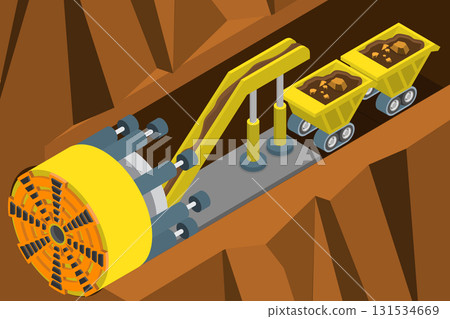 3D Isometric Flat Vector Illustration of Boring Tunnel Machine, Underground Construction 131534669
