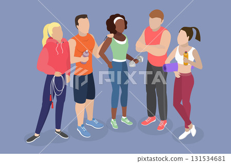 3D Isometric Flat Vector Illustration of Friends Workout Together, Excited People In Athletic Attire Pose In Gym With Fitness Gear 131534681