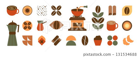 Coffee icon. Geometric coffee and tea pattern in minimalist style. Abstract print background with simple shapes for coffee shop, food packaging, cafe wall, menu. 131534688