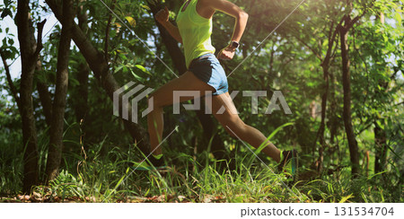 Woman trail runner running at tropical forest mountain peak Woman trail runner running at tropical forest mountain peak 131534704