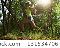 Woman trail runner running at tropical forest mountain peak 131534706