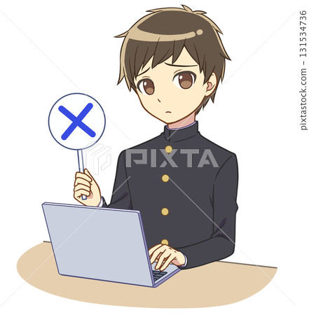 Boy in school uniform operating a computer - Cross card 131534736