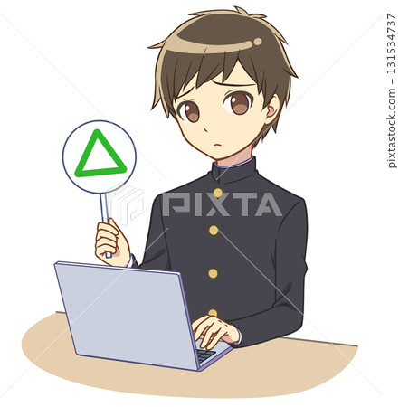 Boy in school uniform operating a computer Triangle bill 131534737