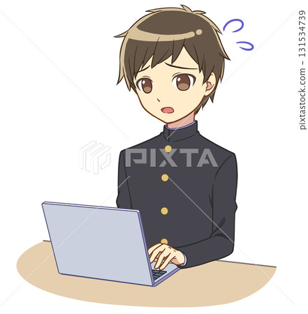 A boy in a school uniform operating a computer is panicking A boy in a school uniform operating a computer is panicking 131534739